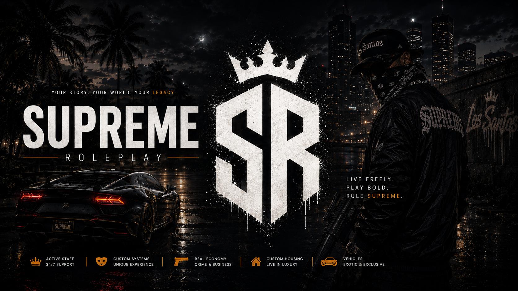Discovery splash banner for RAGE:MP | Supreme Roleplay Discord server