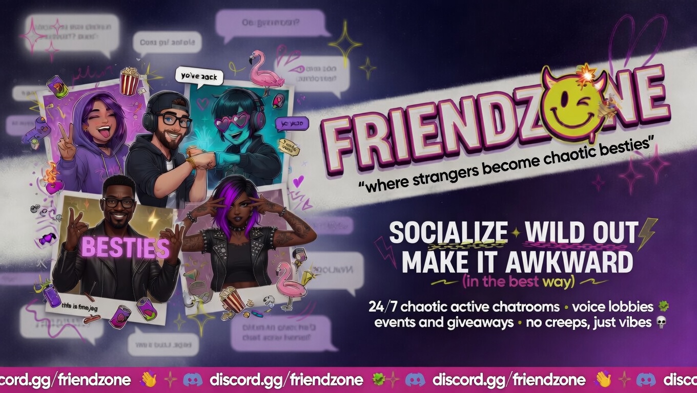 Discovery splash banner for FriendZone | Make Friends ⋅ Fun Chill Active Chat ⋅ VC Social Gaming ⋅ Memes ⋅ Nitro Emojis ⋅ Anime Discord server