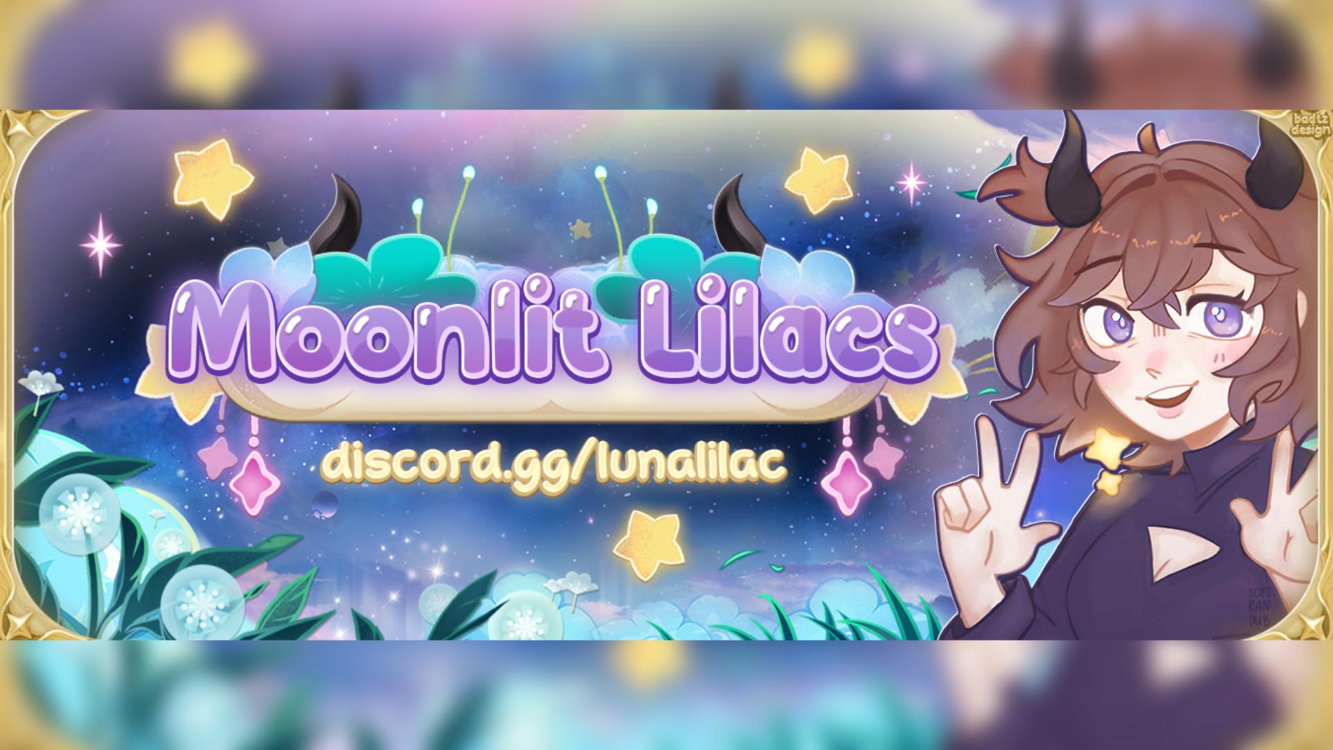 Discovery splash banner for ⋆ 🌙 ゚. Moonlit Lilacs ៸៸ ArtㆍGFXㆍAestheticㆍCuteㆍEmotesㆍKawaiiㆍActiveㆍDecorㆍGuild Tag﹗𖹭﹒⁺ Discord server